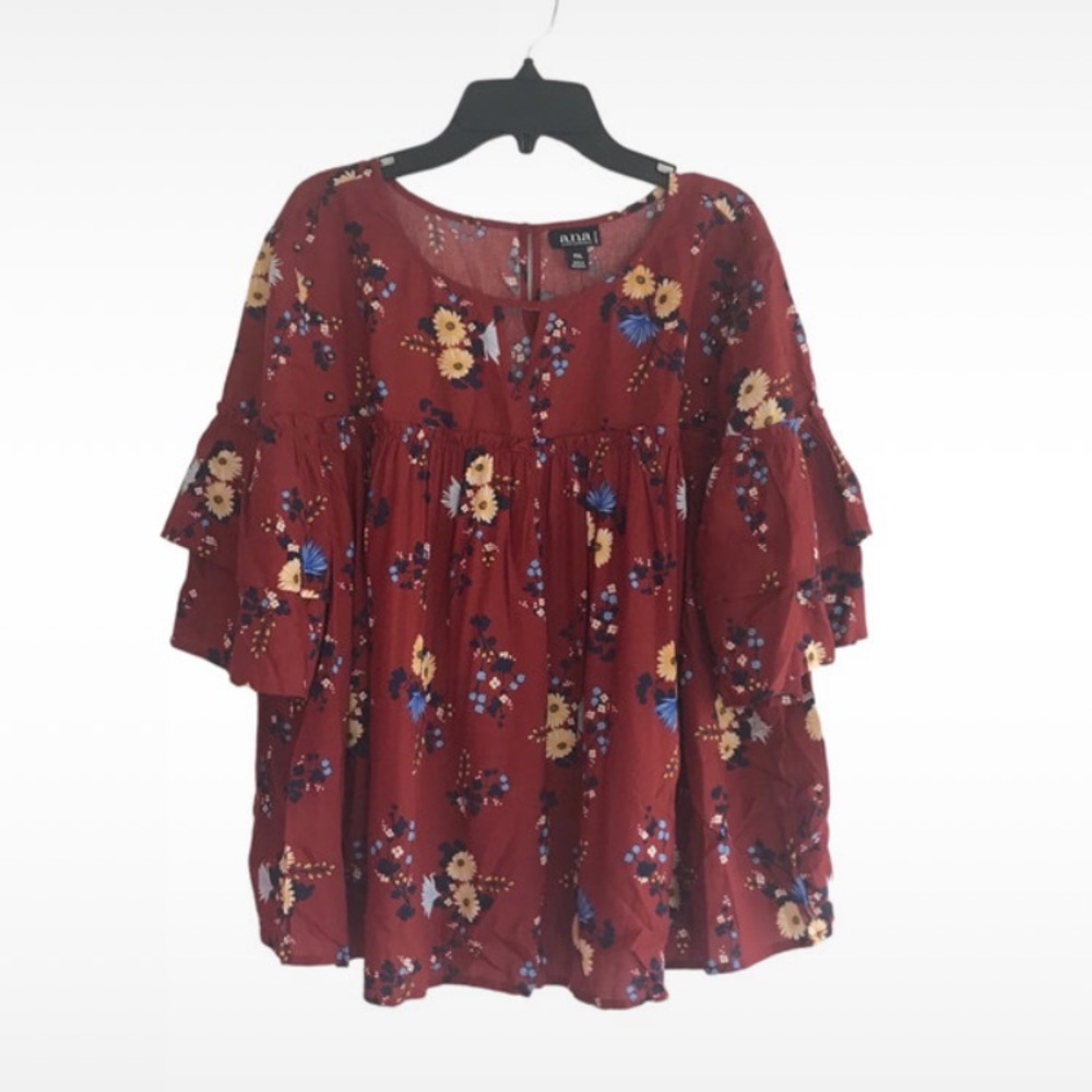 a.n.a Red and Blue Bell Sleeve Blouse